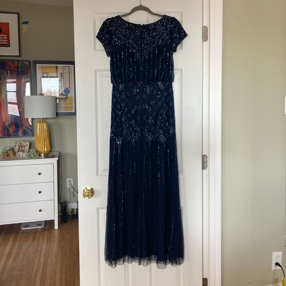 Adrianna Papell Navy Beaded Short-Sleeve Overlay Gown - size 0P - Picture 5 of 9